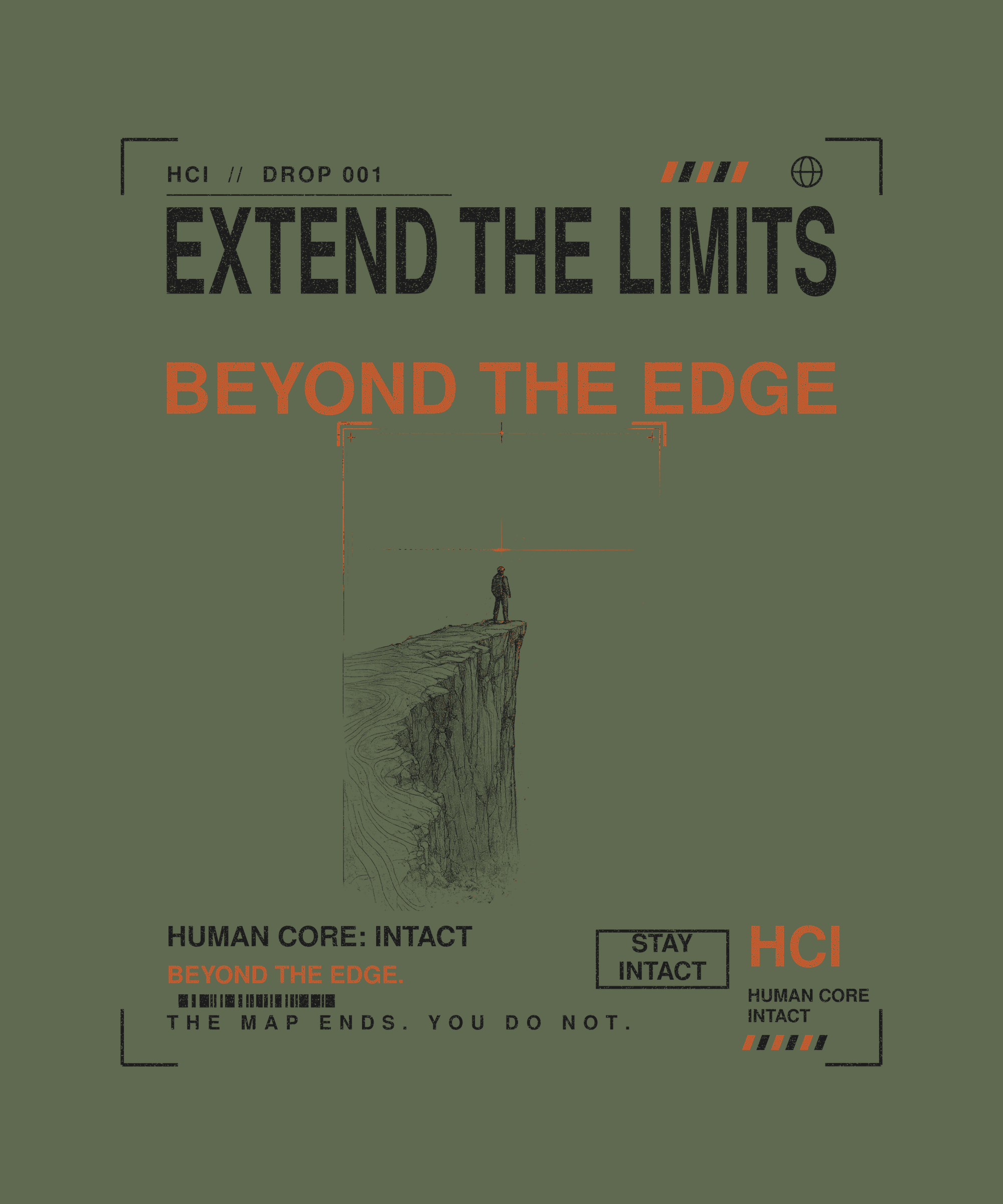 Extend the Limits tee back print on military green — Human Core Intact Drop 001