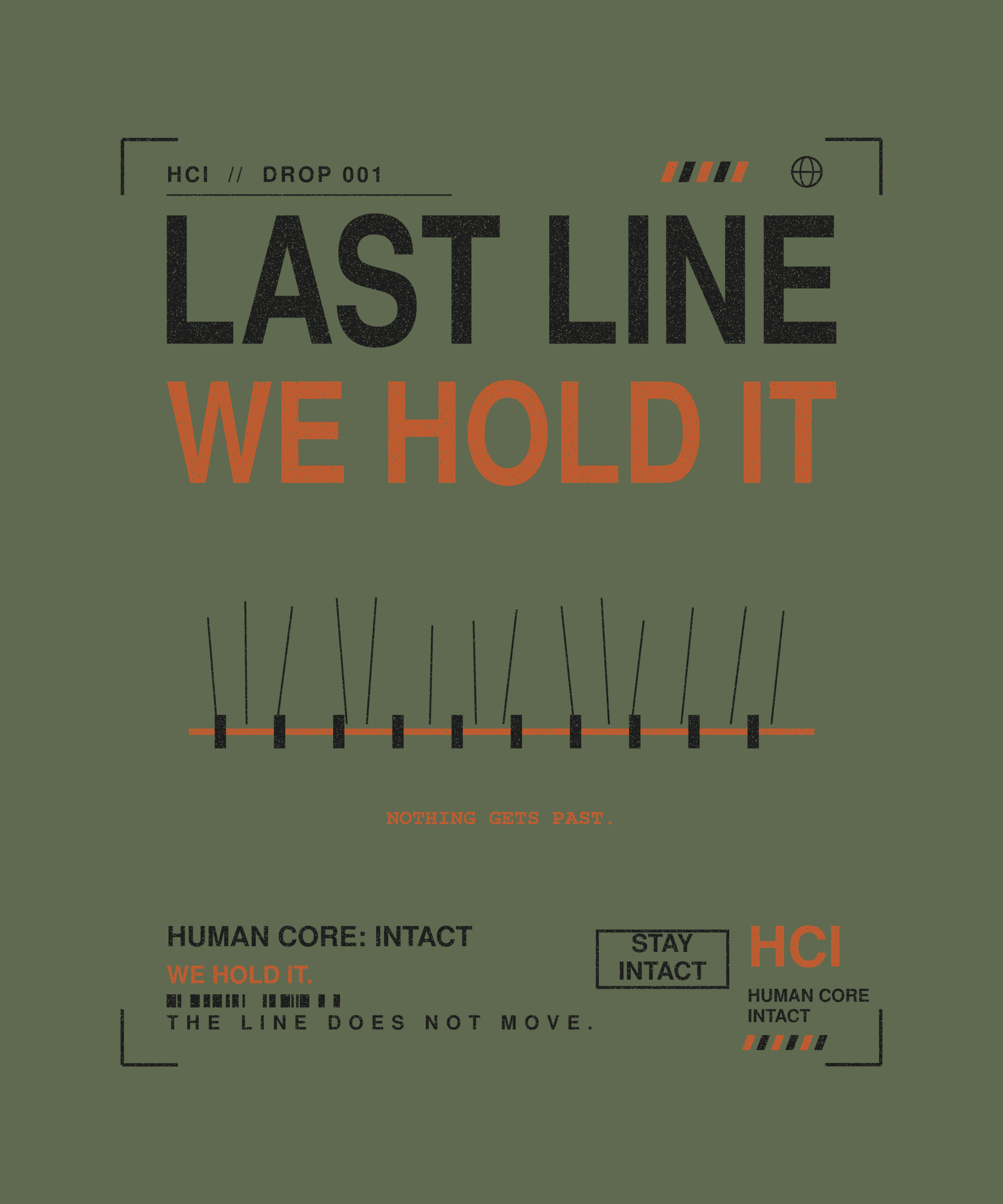 Last Line tee back print on military green — Human Core Intact Drop 001