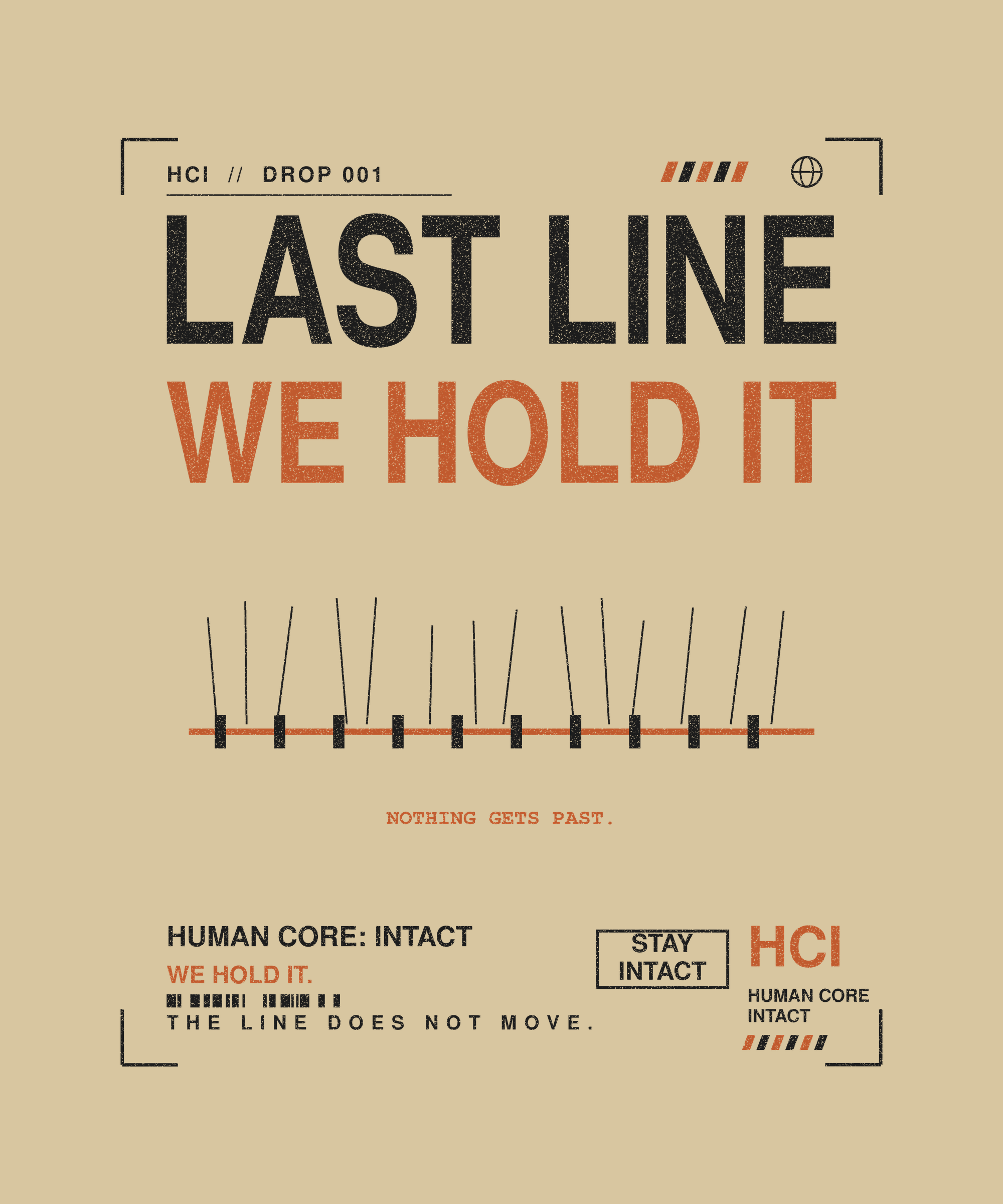 Last Line tee back print on sand — Human Core Intact Drop 001