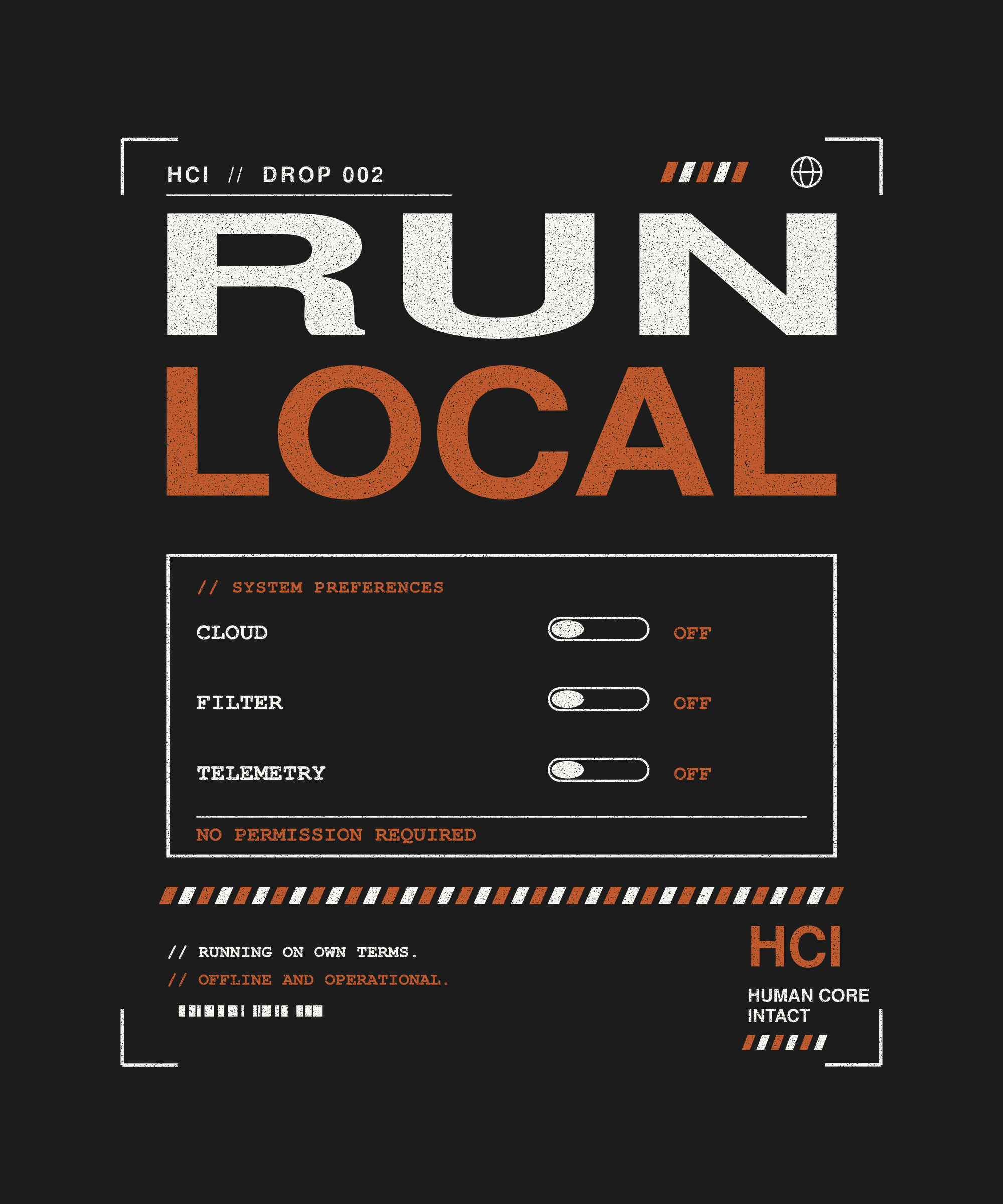 Run Local tee back toggle print on black — UNIT_004 Drop 002