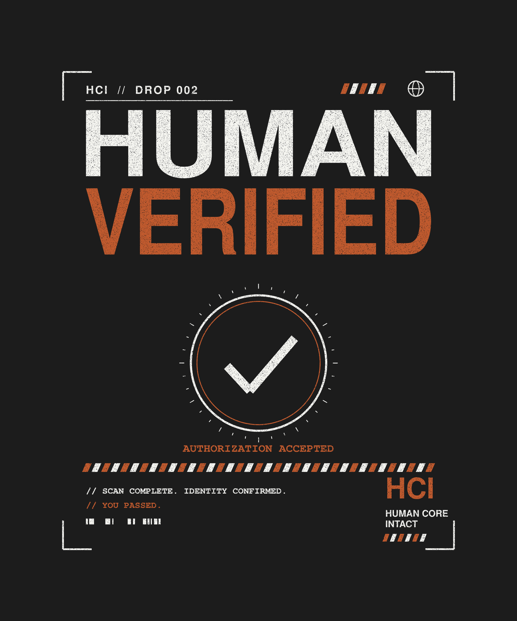 Human Verified tee back checkmark print on black — UNIT_006 Drop 002