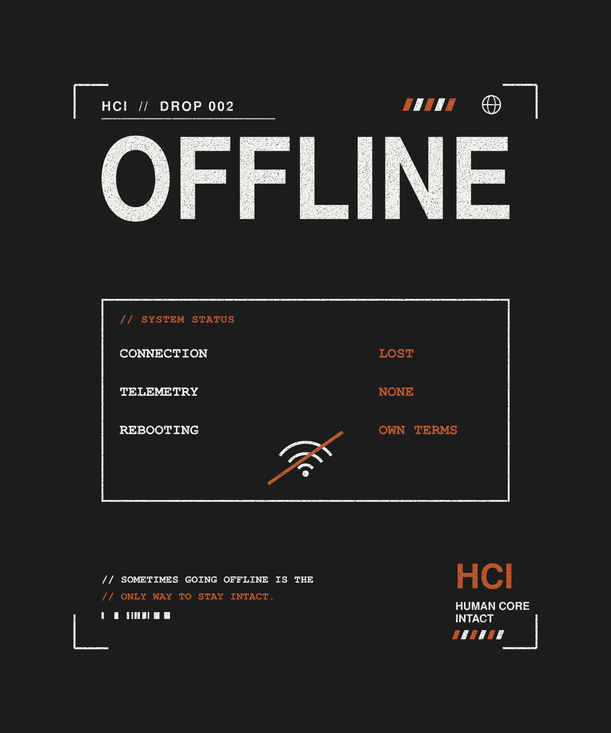 Offline tee back system status print on black — UNIT_009 Drop 002