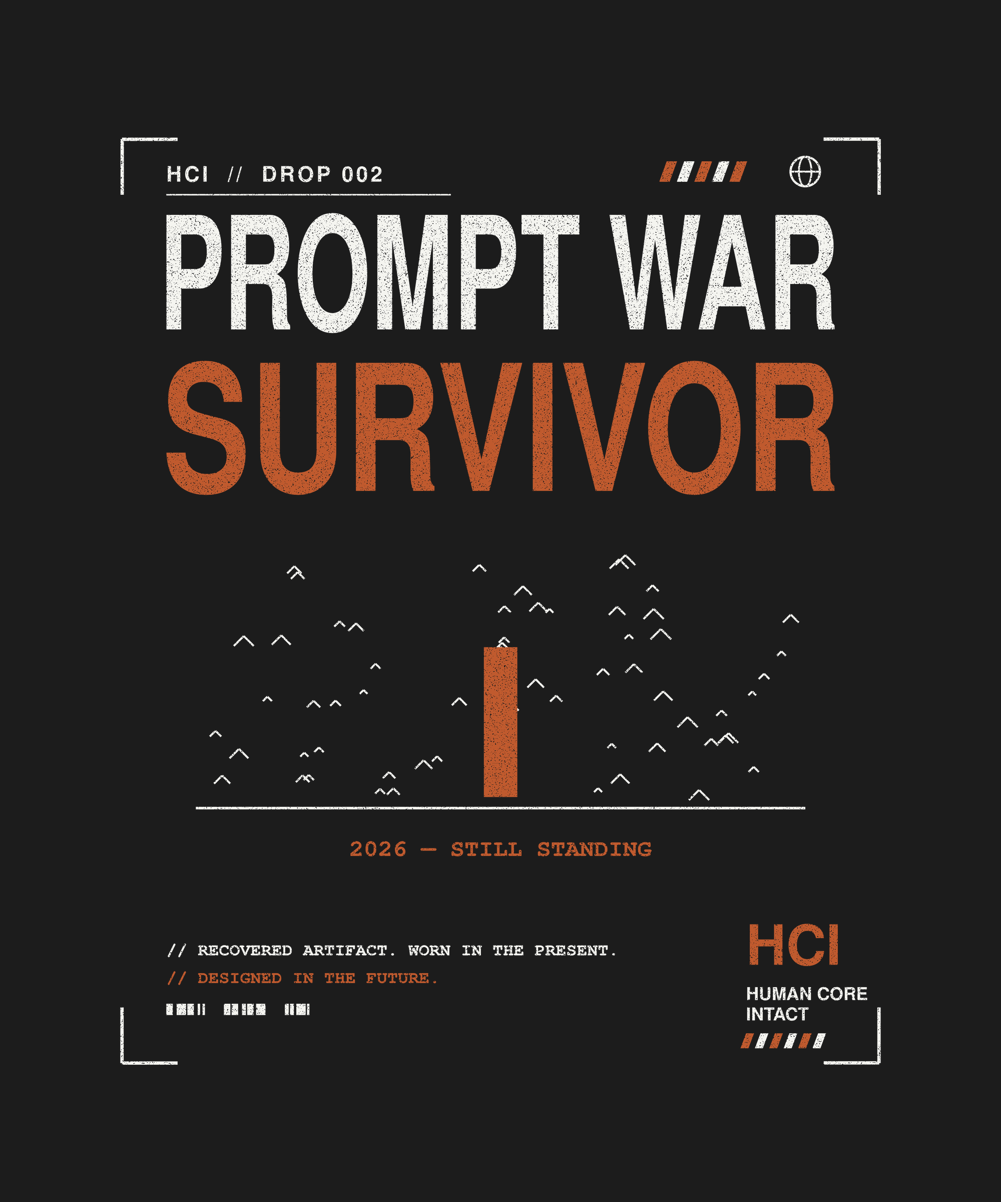 Prompt War Survivor tee back print on black — UNIT_010 Drop 002